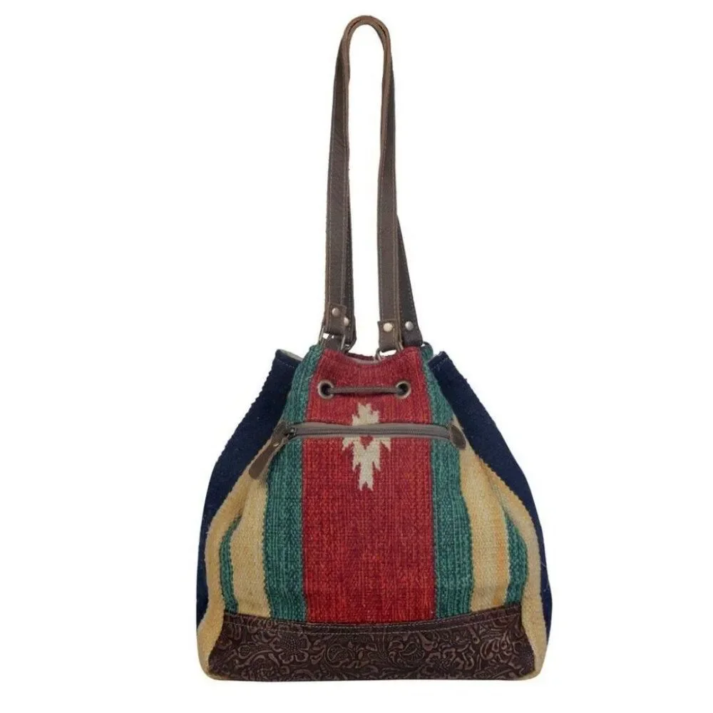 Myra Bag Handmade Radiant Bucket Bag Upcycled Canvas & Cowhide Leather
